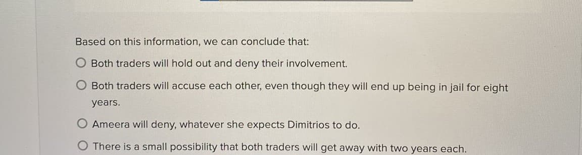 Based on this information, we can conclude that:
Both traders will hold out and deny their involvement.
Both traders will accuse each other, even though they will end up being in jail for eight
years.
O Ameera will deny, whatever she expects Dimitrios to do.
There is a small possibility that both traders will get away with two years each.
