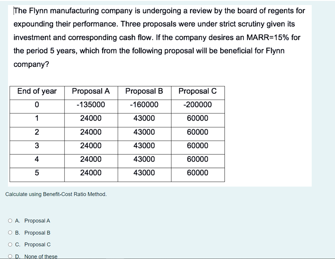 The Flynn manufacturing company is undergoing a review by the board of regents for
expounding their performance. Three proposals were under strict scrutiny given its
investment and corresponding cash flow. If the company desires an MARR=15% for
the period 5 years,
which from the following proposal will be beneficial for Flynn
company?
End of year
Proposal A
Proposal B
Proposal C
-135000
-160000
-200000
1
24000
43000
60000
2
24000
43000
60000
24000
43000
60000
4
24000
43000
60000
24000
43000
60000
Calculate using Benefit-Cost Ratio Method.
O A. Proposal A
о в. Proposal B
O C. Proposal C
O D. None of these
