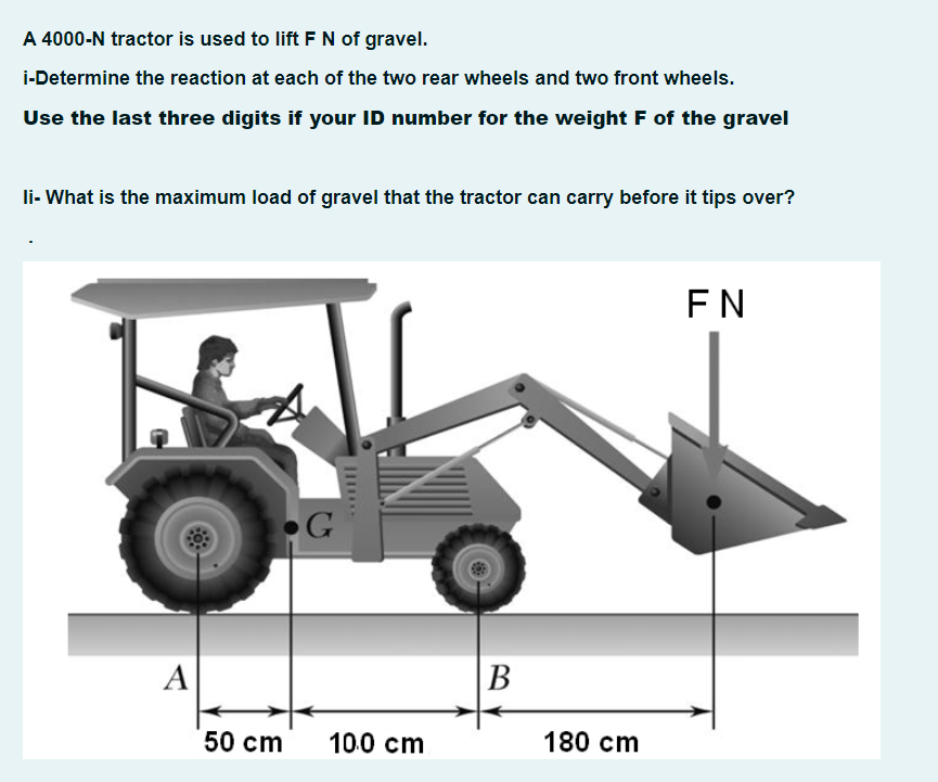 A 4000-N tractor is used to lift F N of gravel.
i-Determine the reaction at each of the two rear wheels and two front wheels.
Use the last three digits if your ID number for the weight F of the gravel
li- What is the maximum load of gravel that the tractor can carry before it tips over?
FN
A
B
В
50 cm
10.0 cm
180 cm
11111..
