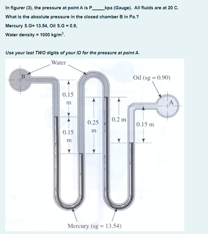 In figurer (3), the pressure at point A is P
What is the absolute pressure in the closed chamber B in Pa.?
Mercury S.G= 13.54, Oil S.G=0.9,
Water density = 1000 kg/m³.
Use your last TWO digits of your ID for the pressure at point A.
Water
B
(2 0.15
m
0.15
m
Mercury (sg = 13.54)
_kpa (Gauge). All fluids are at 20 C.
0.25
m
0.2 m
Oil (sg = 0.90)
0.15 m