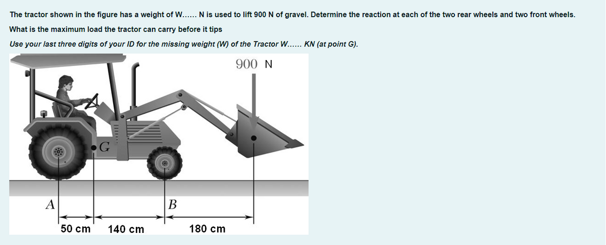 The tractor shown in the figure has a weight of W... N is used to lift 900 N of gravel. Determine the reaction at each of the two rear wheels and two front wheels.
What is the maximum load the tractor can carry before it tips
Use your last three digits of your ID for the missing weight (W) of the Tractor W... KN (at point G).
900 N
•G
A
50 cm
140 cm
180 cm

