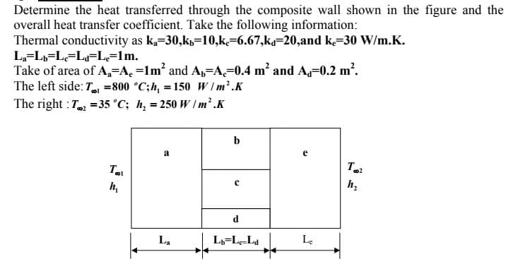 Determine the heat transferred through the composite wall shown in the figure and the
overall heat transfer coefficient. Take the following information:
Thermal conductivity as k,-30,k,=10,k=6.67,ka=20,and k=30 W/m.K.
La=L=L=L«=L=lm.
Take of area of A,-A¸ =1m² and A,-A,=0.4 m² and A-0.2 m².
The left side: T =800 °C;h, = 150 W/m².K
The right : T =35 °C; h, = 250 W / m'.K
b
a
e
h,
d
L,=L-Ld
Le
La
