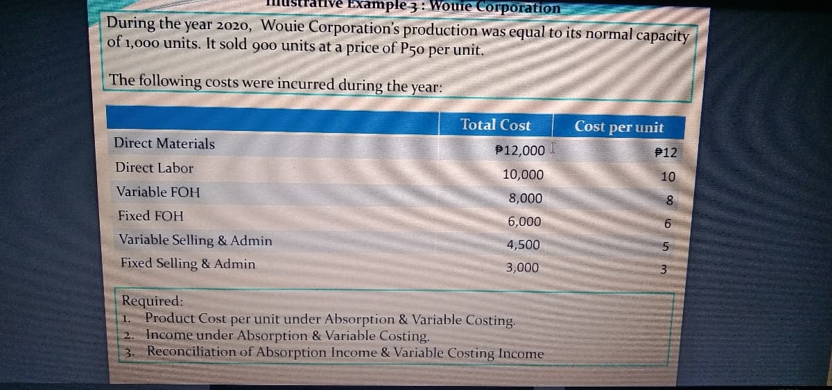 Example 3: Wouie Corporation
During the year 2020, Wouie Corporation's production was equal to its normal capacity
of 1,000 units. It sold 900 units at a price of P50 per unit.
The following costs were incurred during the year:
Total Cost
Cost per unit
Direct Materials
P12,000
P12
Direct Labor
10,000
10
Variable FOH
8,000
8
Fixed FOH
6,000
9.
Variable Selling & Admin
4,500
Fixed Selling & Admin
3,000
3.
Required:
1. Product Cost per unit under Absorption & Variable Costing.
Income under Absorption & Variable Costing.
Reconciliation of Absorption Income & Variable Costing Income
