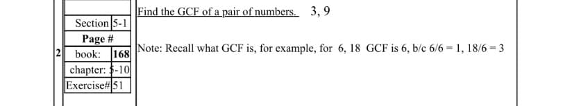 Find the GCF of a pair of numbers. 3, 9
Section 5-1
Page #
2 book: 168
chapter: $-10
Exercise#51
Note: Recall what GCF is, for example, for 6, 18 GCF is 6, b/c 6/6 = 1, 18/6 = 3
