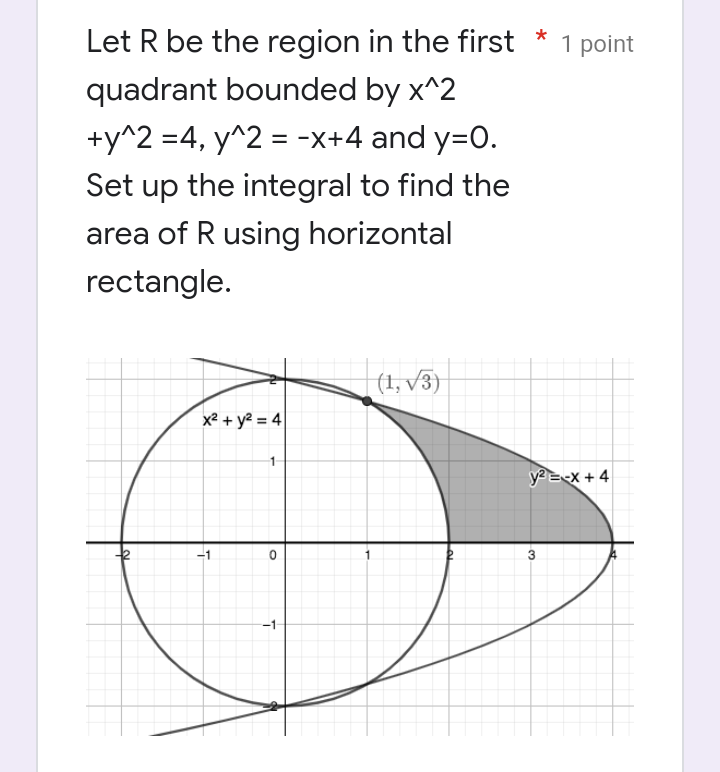 *
Let R be the region in the first
quadrant bounded by x^2
+y^2 = 4, y^2 = -x+4 and y=0.
Set up the integral to find the
area of R using horizontal
rectangle.
(1,√3)
x² + y² = 4
1
-1
0
-1-
1 point
y² = -x + 4
3