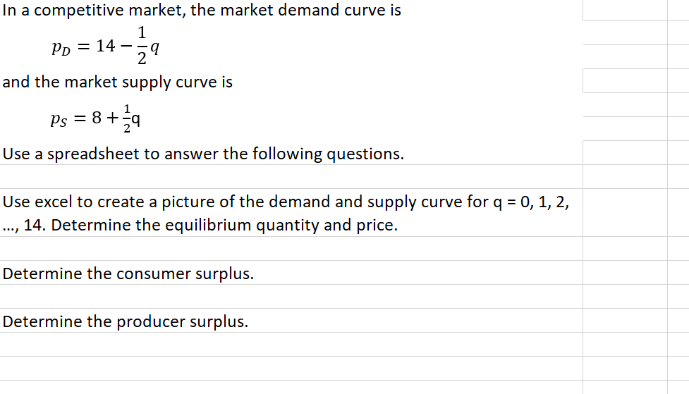 In a competitive market, the market demand curve is
1
Pp = 14 –
24
and the market supply curve is
1
Ps = 8 +a
Use a spreadsheet to answer the following questions.
Use excel to create a picture of the demand and supply curve for q = 0, 1, 2,
., 14. Determine the equilibrium quantity and price.
Determine the consumer surplus.
Determine the producer surplus.
