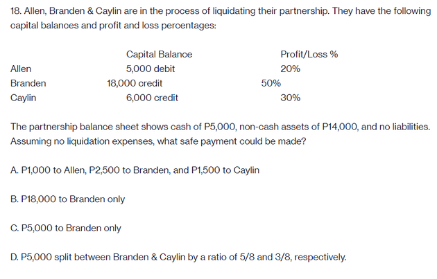 18. Allen, Branden & Caylin are in the process of liquidating their partnership. They have the following
capital balances and profit and loss percentages:
Capital Balance
Profit/Loss %
Allen
5,000 debit
20%
Branden
18,000 credit
50%
Caylin
6,000 credit
30%
The partnership balance sheet shows cash of P5,000, non-cash assets of P14,000, and no liabilities.
Assuming no liquidation expenses, what safe payment could be made?
A. P1,000 to Allen, P2,500 to Branden, and P1,500 to Caylin
B. P18,000 to Branden only
C. P5,000 to Branden only
D. P5,000 split between Branden & Caylin by a ratio of 5/8 and 3/8, respectively.
