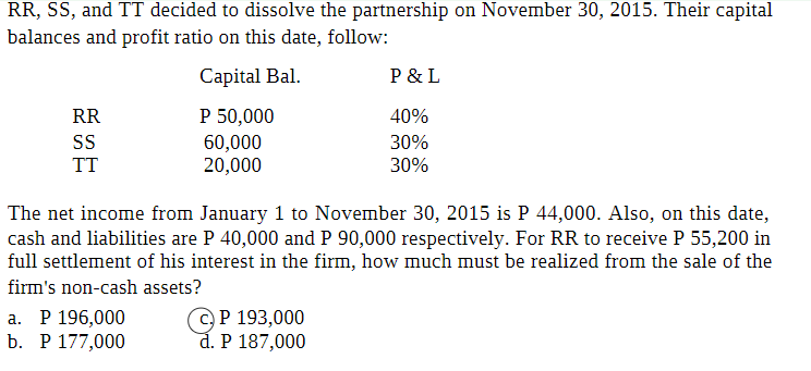 RR, SS, and TT decided to dissolve the partnership on November 30, 2015. Their capital
balances and profit ratio on this date, follow:
Capital Bal.
P & L
RR
P 50,000
40%
60,000
20,000
30%
TT
30%
The net income from January 1 to November 30, 2015 is P 44,000. Also, on this date,
cash and liabilities are P 40,000 and P 90,000 respectively. For RR to receive P 55,200 in
full settlement of his interest in the firm, how much must be realized from the sale of the
firm's non-cash assets?
а. Р 196,000
b. Р 177,000
P 193,000
d. P 187,000
