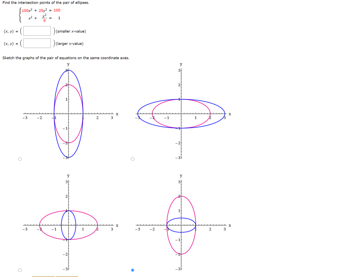 Find the intersection points of the pair of ellipses.
100x2 + 25y2
y2
= 100
x2 +
1
(х, у)
(smaller x-value)
(х, у) %3D
(larger x-value)
Sketch the graphs of the pair of equations on the same coordinate axes.
y
y
3|
2
X
X
-3
-2
1
2
3
-1
-1
-2
-3-
y
y
3|
3|
2
1
X
-3
-1
1
3
-3
-2
2
-1
-2
-3-
-3-
