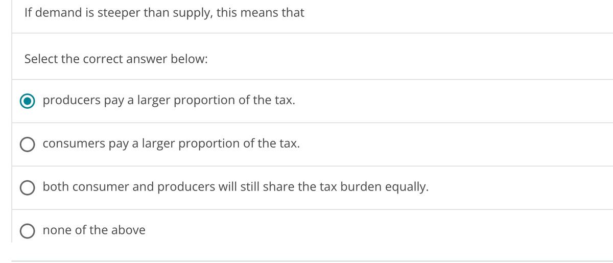If demand is steeper than supply, this means that
Select the correct answer below:
producers pay a larger proportion of the tax.
O consumers pay a larger proportion of the tax.
both consumer and producers will still share the tax burden equally.
none of the above
