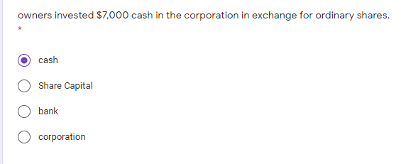 owners invested $7,000 cash in the corporation in exchange for ordinary shares.
cash
Share Capital
bank
corporation

