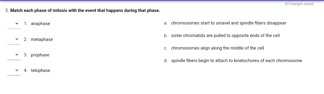 All changes saved
5. Match each phase of mitosis with the event that happens during that phase.
1. anaphase
a. chromosomes start to unravel and spindle fibers disappear
b. sister chromatids are pulled to opposite ends of the cell
2. metaphase
c. chromosomes align along the middle of the cell
3. prophase
d. spindle fibers begin to attach to kinetochores of each chromosome
4. telophase
