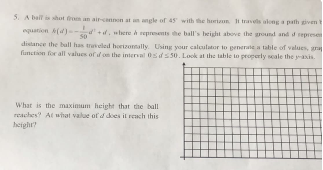 5. A ball is shot from an air-cannon at an angle of 45 with the horizon. It travels along a path given E
equation h(d) =-d' +d, where h represents the ball's height above the ground and d represen
50
distance the ball has traveled horizontally. Using your calculator to generate a table of values, gray
function for all values of d on the interval0sds 50. Look at the table to properly scale the y-axis.
What is the maximum height that the ball
reaches? At what value of d does it reach this
height?
