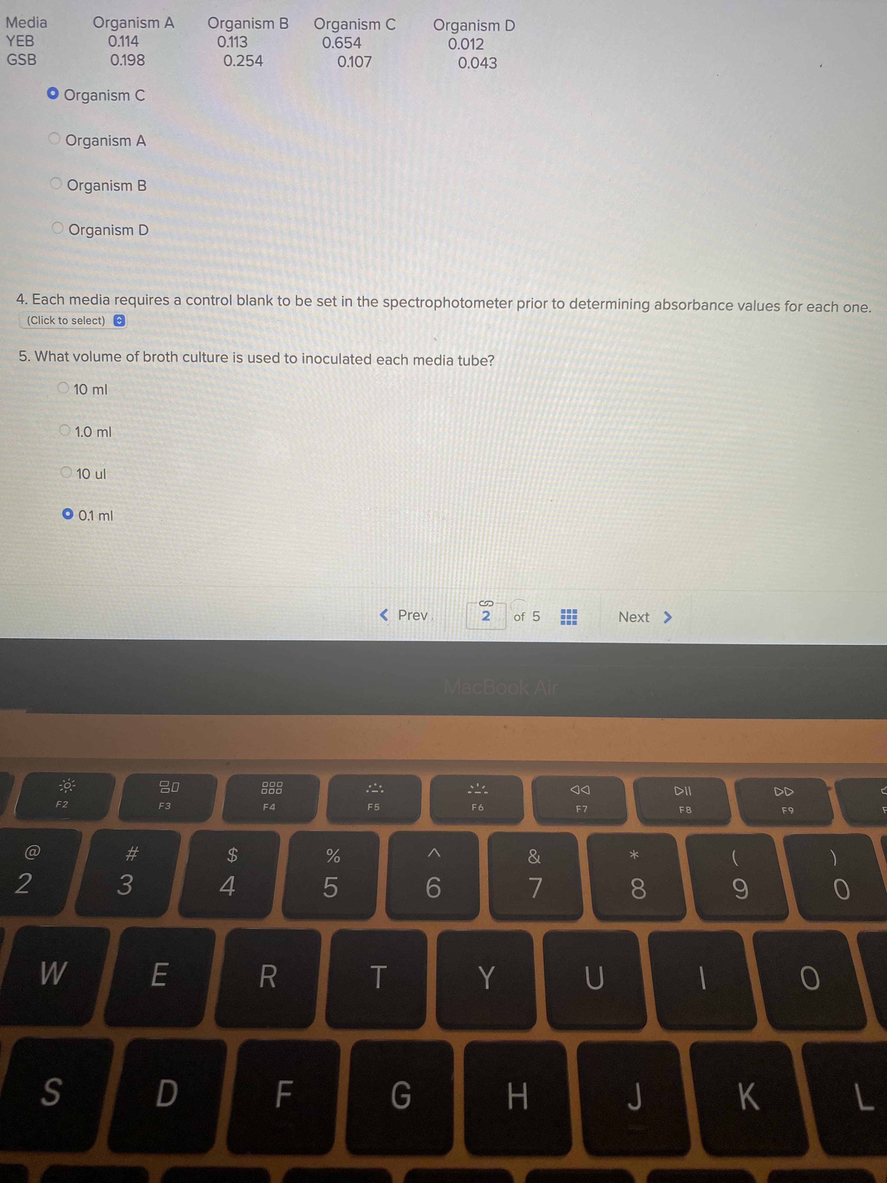 公2
云
T
FL
R
00
Organism A
0.114
Organism B
0.113
Media
Organism C
0.654
Organism D
0.012
YEB
GSB
0.198
0.254
0.107
0.043
Organism C
Organism A
O Organism B
Organism D
4. Each media requires a control blank to be set in the spectrophotometer prior to determining absorbance values for each one.
(Click to select) O
5. What volume of broth culture is used to inoculated each media tube?
O 10 ml
O 1.0 ml
in OL O
O 0.1 ml
<Prev
2.
of 5
Next >
MacBook Air
000
00
DD
F7
F2
F4
F5
F6
F
*
23
24
3.
9.
080
6
M
K
S
