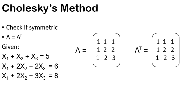 Cholesky's Method
• Check if symmetric
• A = AT
11 1
11 1
Given:
1 2 2
1 2 3
AT = 1 2 2
1 2 3
A =
X, + X2 + X3 = 5
X, + 2X, + 2X, = 6
X, + 2X2 + 3X3 = 8
%3D
