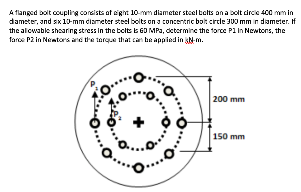 A flanged bolt coupling consists of eight 10-mm diameter steel bolts on a bolt circle 400 mm in
diameter, and six 10-mm diameter steel bolts on a concentric bolt circle 300 mm in diameter. If
the allowable shearing stress in the bolts is 60 MPa, determine the force P1 in Newtons, the
force P2 in Newtons and the torque that can be applied in kN-m.
| 200 mm
150 mm

