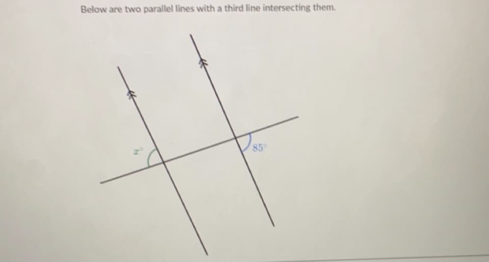 Below are two parallel lines with a third line intersecting them.
85
