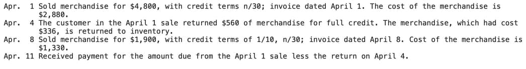 1 Sold merchandise for $4,800, with credit terms n/30; invoice dated April 1. The cost of the merchandise is
$2,880.
4 The customer in the April 1 sale returned $560 of merchandise for full credit. The merchandise, which had cost
$336, is returned to inventory.
8 Sold merchandise for $1,900, with credit terms of 1/10, n/30; invoice dated April 8. Cost of the merchandise is
$1,330.
Apr.
Apr.
Apr.
Apr. 11 Received payment for the amount due from the April 1 sale less the return on April 4.
