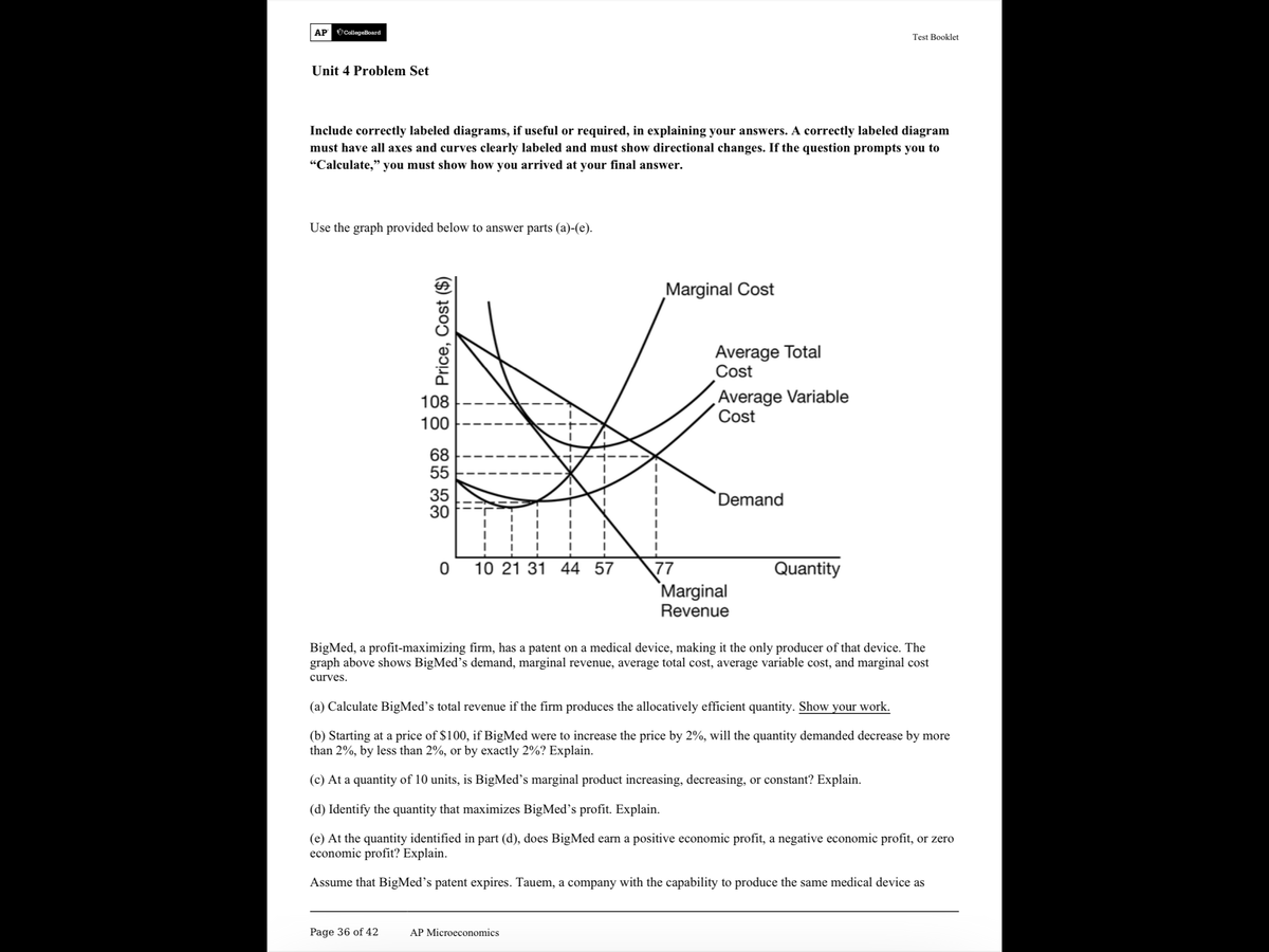 AP
CollegeBoard
Test Booklet
Unit 4 Problem Set
Include correctly labeled diagrams, if useful or required, in explaining your answers. A correctly labeled diagram
must have all axes and curves clearly labeled and must show directional changes. If the question prompts you to
“Calculate," you must show how you arrived at your final answer.
Use the graph provided below to answer parts (a)-(e).
Marginal Cost
Average Total
Cost
Average Variable
Cost
108
100
55
Demand
0 10 21 31 44 57
77
Quantity
Marginal
Revenue
BigMed, a profit-maximizing firm, has a patent on a medical device, making it the only producer of that device. The
graph above shows BigMed's demand, marginal revenue, average total cost, average variable cost, and marginal cost
curves.
(a) Calculate BigMed's total revenue if the firm produces the allocatively efficient quantity. Show your work.
(b) Starting at a price of $100, if BigMed were to increase the price by 2%, will the quantity demanded decrease by more
than 2%, by less than 2%, or by exactly 2%? Explain.
(c) At a quantity of 10 units, is BigMed's marginal product increasing, decreasing, or constant? Explain.
(d) Identify the quantity that maximizes BigMed's profit. Explain.
(e) At the quantity identified in part (d), does BigMed earn a positive economic profit, a negative economic profit, or zero
economic profit? Explain.
Assume that BigMed's patent expires. Tauem, a company with the capability to produce the same medical device as
Page 36 of 42
AP Microeconomics
88 A3 88 Price, Cost ($)
