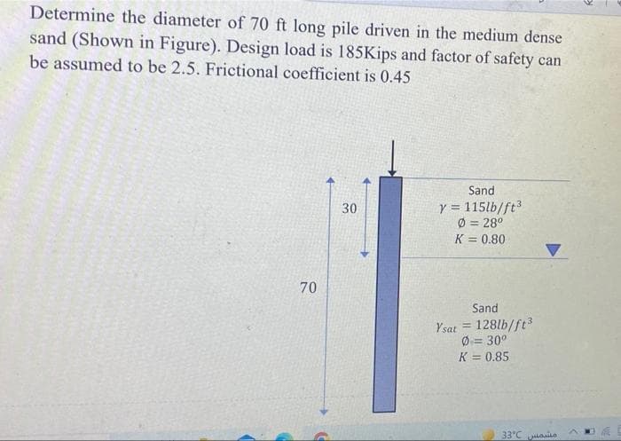 Determine the diameter of 70 ft long pile driven in the medium dense
sand (Shown in Figure). Design load is 185Kips and factor of safety can
be assumed to be 2.5. Frictional coefficient is 0.45
Sand
y = 115lb/ft3
Ø = 28°
K = 0.80
30
%3D
Sand
128lb/ft
%3!
Ysat
Ø= 30°
K = 0.85
33°C
70
