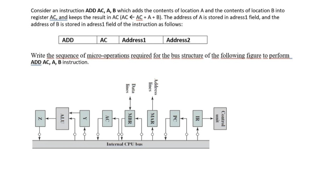Consider an instruction ADD AC, A, B which adds the contents of location A and the contents of location B into
register AC, and keeps the result in AC (AC AC + A + B). The address of A is stored in adress1 field, and the
address of B is stored in adress1 field of the instruction as follows:
ADD
AC
Address1
Address2
Write the sequence of micro-operations required for the bus structure of the following figure to perform
ADD AC, A, B instruction.
*.**.*.0
Internal CPU bus
lines
Data
lines
Address