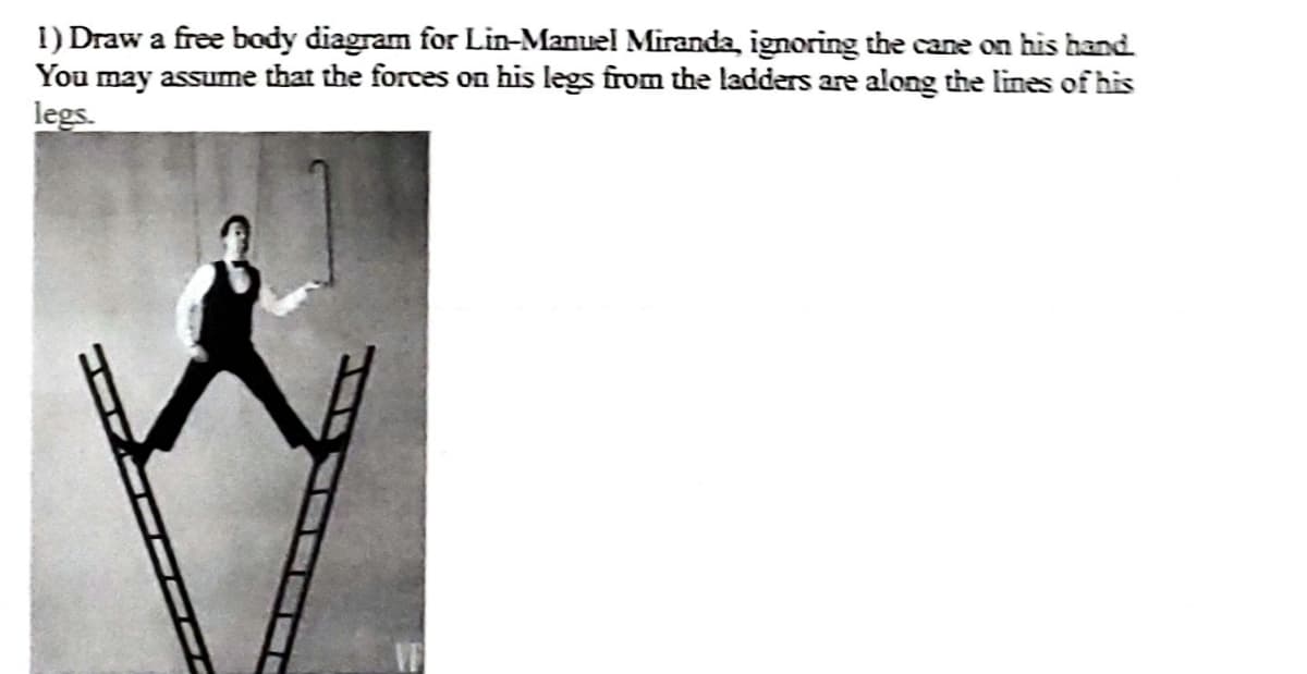 1) Draw a free body diagram for Lin-Manuel Miranda, ignoring the cane on his hand.
You may assume that the forces on his legs from the ladders are along the lines of his
legs.

