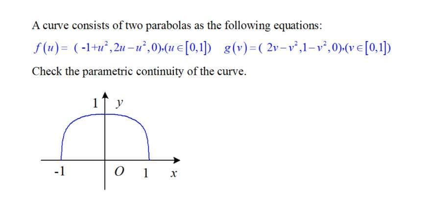 A curve consists of two parabolas as the following equations:
f (u) = (-1+u°, 2u –u²,0)(u €[0,1]) g(v)=( 2v-v,1-v²,0).(vE[0,1])
Check the parametric continuity of the curve.
1
y
-1
