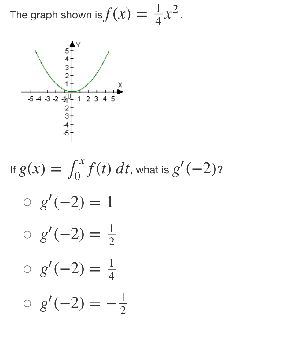 The graph shown is f(x) = 1/x².
5
4
3
2
1
+
54 3-2-11
1 2 3 4 5
-3-
4
-5
X
fg(x) = f(t) dt, what is g' (-2)?
0 g'(-2) = 1
g'(-2) = 1/2/
g'(-2) = 1
4
0 g' (-2) = − →
2
b