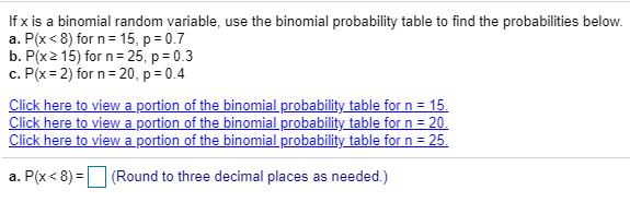 If x is a binomial random variable, use the binomial probability table to find the probabilities below.
a. P(x<8) for n 15, p 0.7
b. P(x2 15) for n 25, p 0.3
c. P(x 2) for n 20, p 0.4
Click here to view a portion of the binomial probability table for n = 15.
Click here to view a portion of the binomial probability table for n = 20.
Click here to viewa portion of the binomial probability table for n 25
a. P(x 8)
(Round to three decimal places as needed.)
