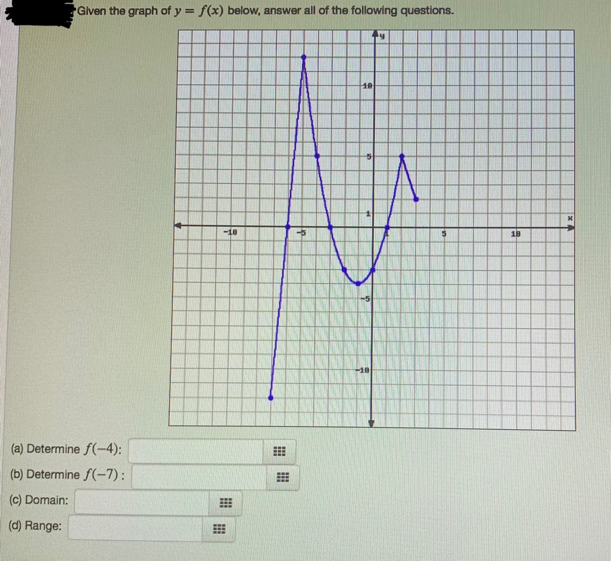 Given the graph of y = f(x) below, answer all of the following questions.
%3D
10
-18
-5
18
-5
(a) Determine f(-4):
前
(b) Determine f(-7):
(c) Domain:
(d) Range:
