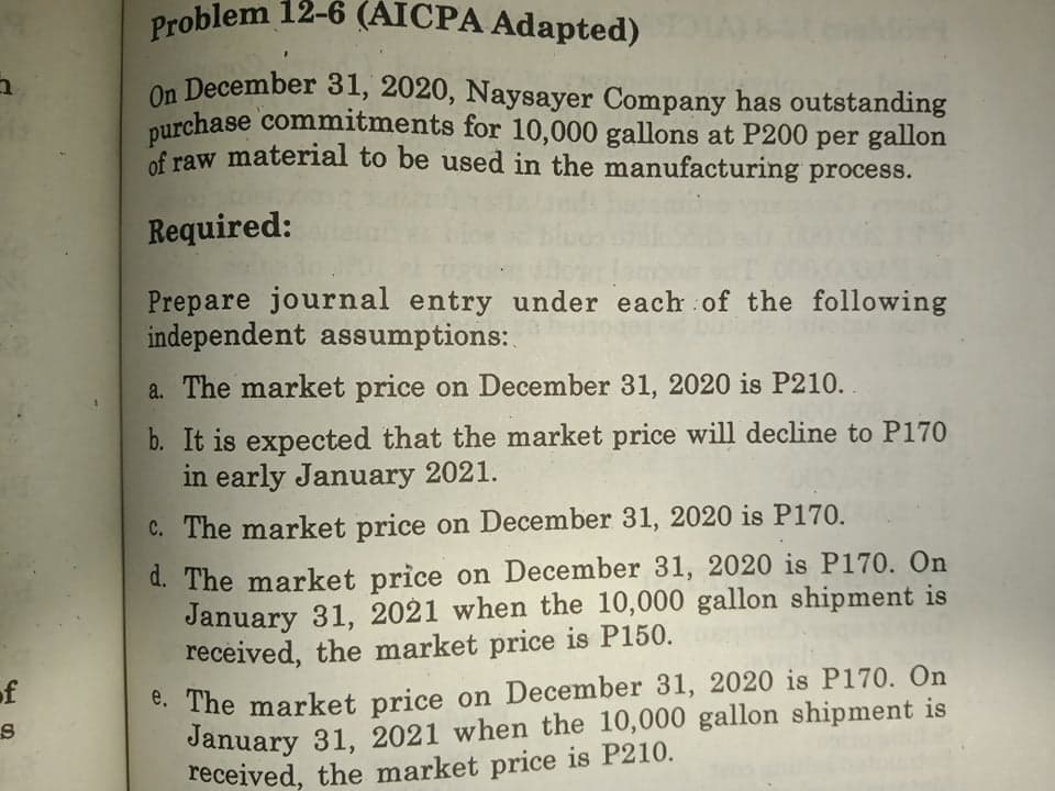 purchase commitments for 10,000 gallons at P200 per gallon
Problem 12-6 (AICPA Adapted)
On December 31, 2020, Naysayer Company has outstanding
f raw material to be used in the manufacturing process.
Required:
Prepare journal entry under each of the following
independent assumptions:
a. The market price on December 31, 2020 is P210.
b. It is expected that the market price will decline to P170
in early January 2021.
C. The market price on December 31, 2020 is P170.
d. The market price on December 31, 2020 is P170. On
January 31, 2021 when the 10,000 gallon shipment is
received, the market price is P150.
e. The market price on December 31, 2020 is P170. On
January 31, 2021 when the 10,000 gallon shipment is
received, the market price is P210.
of
