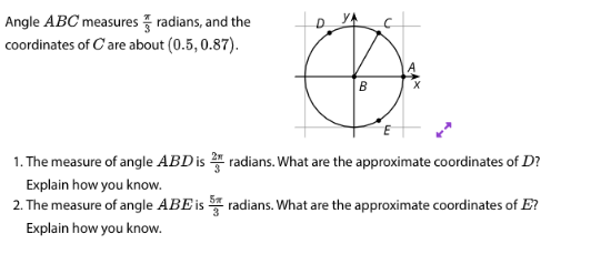 Angle ABC measures radians, and the
coordinates of Care about (0.5, 0.87).
1. The measure of angle ABD is
Explain how you know.
2. The measure of angle ABE is
Explain how you know.
B
radians. What are the approximate coordinates of D?
radians. What are the approximate coordinates of E?