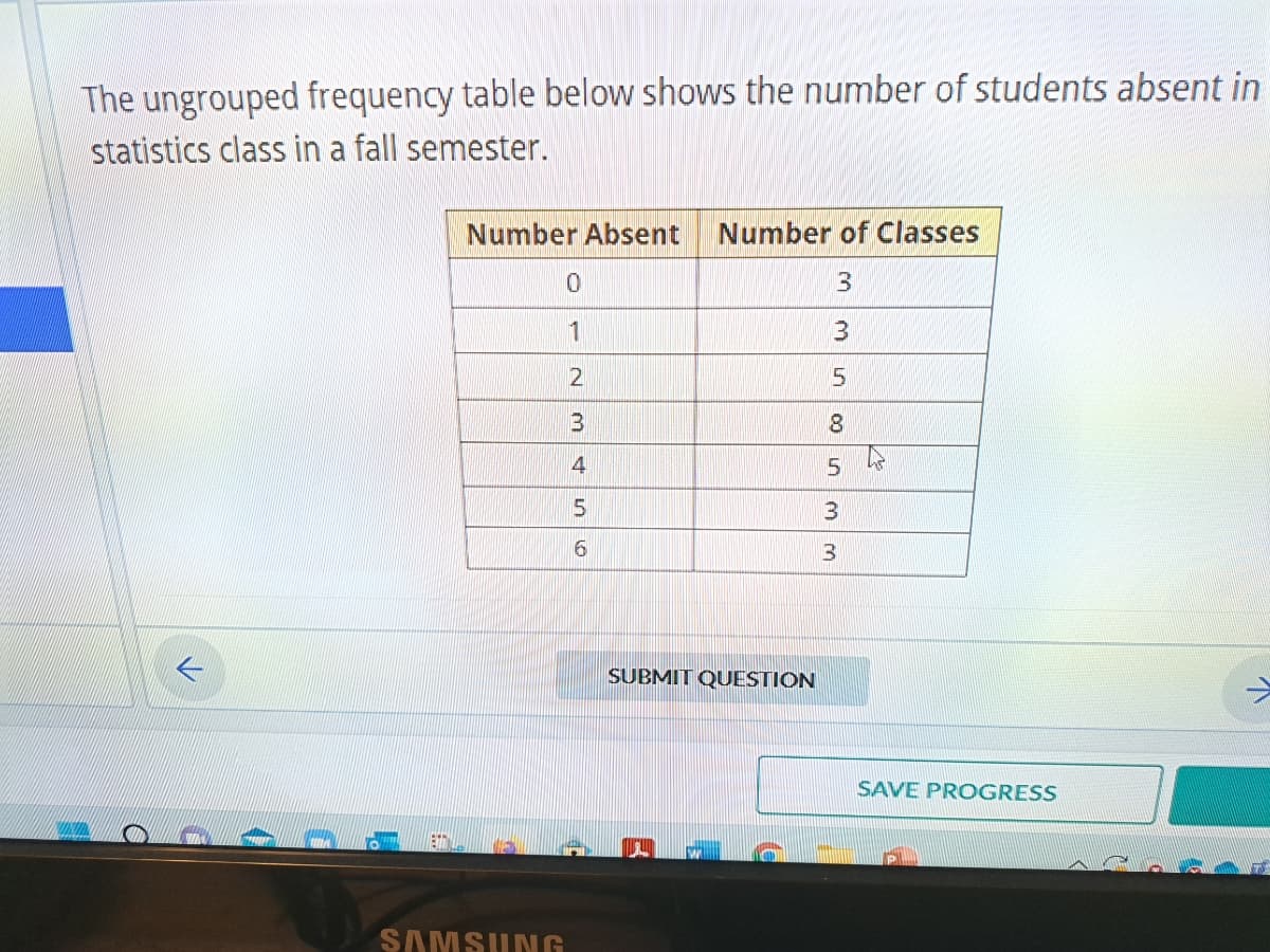 The ungrouped frequency table below shows the number of students absent in
statistics class in a fall semester.
✓
Number Absent Number of Classes
3
3
5
8
5
SAMSUNG
0
1
2
3
4
5
6
SUBMIT QUESTION
3
3
k
SAVE PROGRESS