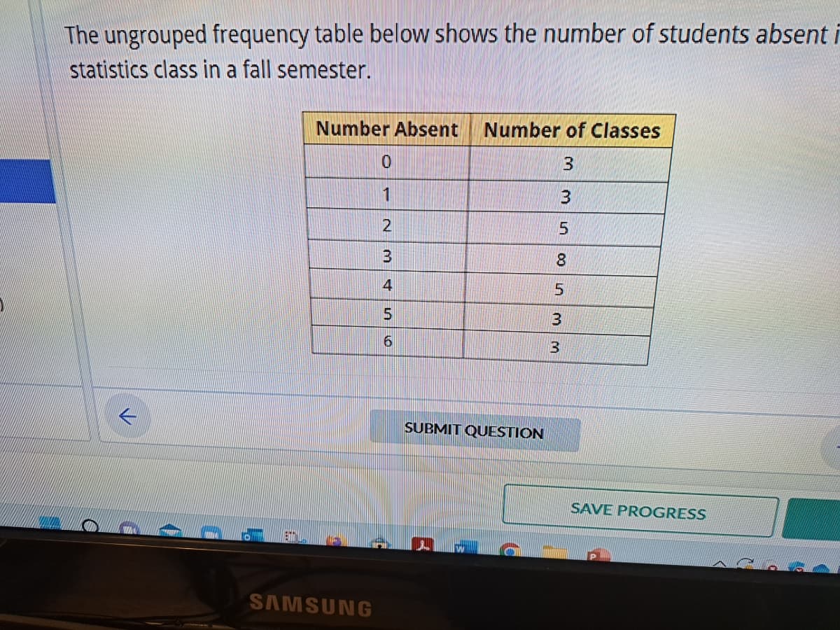 The ungrouped frequency table below shows the number of students absent i
statistics class in a fall semester.
Number Absent Number of Classes
3
SAMSUNG
0
1
2
3
456
SUBMIT QUESTION
3
5
8
5
3
3
SAVE PROGRESS