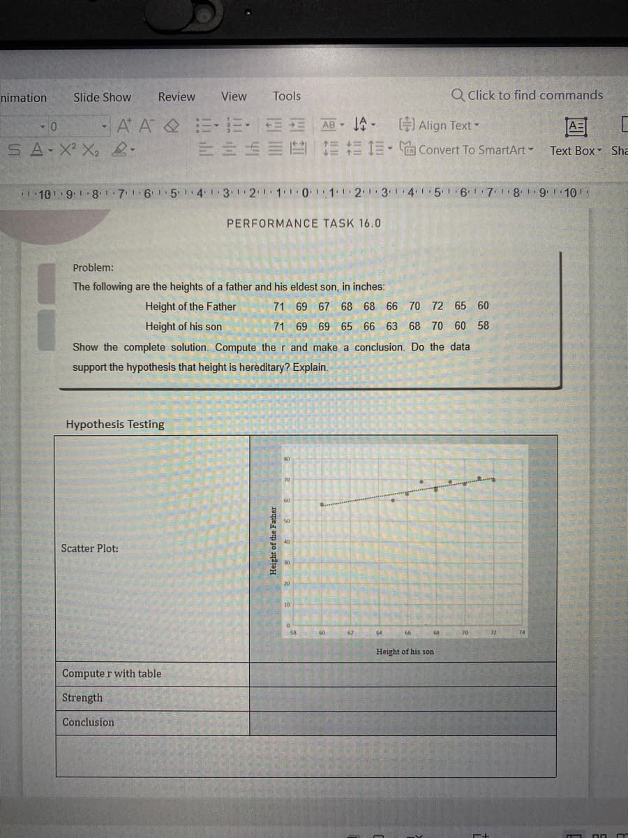 Tools
nimation Slide Show
Review
View
- 0
-AA-12-
AB -
1 Align Text -
SA-X²X₂8.
ES:
IEC
Convert To SmartArt-
10 9 8 7 6 5 4 3 2 1 0 1 2 3 4 5 6 7 8 9 10
PERFORMANCE TASK 16.0
Problem:
The following are the heights of a father and his eldest son, in inches:
69 67 68 68 66 70 72 65 60
Height of the Father
Height of his son
71
71 69 69 65 66 63 68 70 60 58
69 69 65 66 63
Show the complete solution. Compute the r and make a conclusion. Do the data
support the hypothesis that height is hereditary? Explain.
Hypothesis Testing
Scatter Plot:
72
Computer with table
Strength
Conclusion
Height of the Father
58
60
62
Q Click to find commands
A=
Text Box Sha
64
Height of his son
74