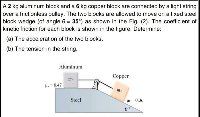 A 2 kg aluminum block and a 6 kg copper block are connected by a light string
over a frictionless pulley. The two blocks are allowed to move on a fixed steel
block wedge (of angle 0 = 35°) as shown in the Fig. (2). The coefficient of
kinetic friction for each block is shown in the figure. Determine:
(a) The acceleration of the two blocks.
(b) The tension in the string.
Aluminum
Copper
Hk = 0.47
m2
Steel
Hk = 0.36
