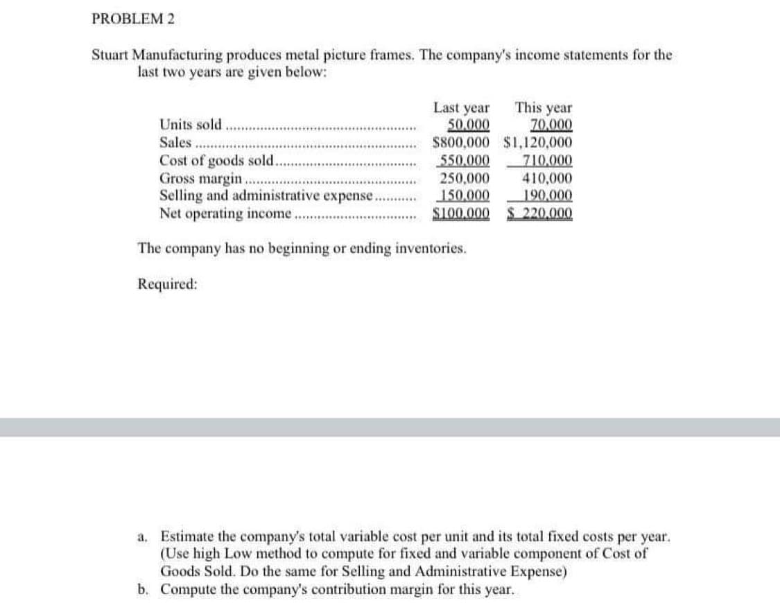 PROBLEM 2
Stuart Manufacturing produces metal picture frames. The company's income statements for the
last two years are given below:
Last year
50.000
$800,000 $1,120,000
550.000
710,000
250,000
410,000
150.000
190.000
$100.000 $ 220.000
This year
70.000
Units sold.
Sales
Cost of goods sold.
Gross margin.
Selling and administrative expense.
Net operating income.
The company has no beginning or ending inventories.
Required:
a. Estimate the company's total variable cost per unit and its total fixed costs per year.
(Use high Low method to compute for fixed and variable component of Cost of
Goods Sold. Do the same for Selling and Administrative Expense)
b. Compute the company's contribution margin for this year.