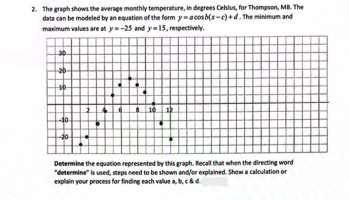 2. The graph shows the average monthly temperature, in degrees Celsius, for Thompson, MB. The
data can be modeled by an equation of the form y=acosb(x-c)+d. The minimum and
maximum values are at y=-25 and y=15, respectively.
30
20
10
10
12
10
-20-
Determine the equation represented by this graph. Recall that when the directing word
"determine" is used, steps need to be shown and/or explained. Show a calculation or
explain your process for finding each value a, b, c & d.

