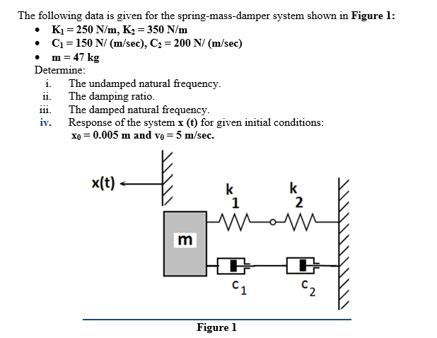 The following data is given for the spring-mass-damper system shown in Figure 1:
• K = 250 N/m, K2 = 350 N/m
• C1 = 150 N/ (m/sec), C2 = 200 N/ (m/sec)
• m = 47 kg
Determine:
i. The undamped natural frequency.
ii. The damping ratio.
The damped natural frequency.
Response of the system x (t) for given initial conditions:
xo = 0.005 m and vo = 5 m/sec.
ii.
iv.
x(t)
k
1
k
2
wom
m
C1
C2
Figure 1
