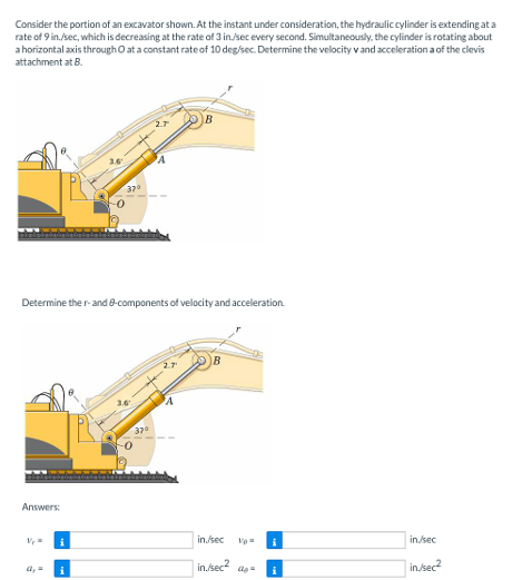 Consider the portion of an excavator shown. At the instant under consideration, the hydraulic cylinder is extending at a
rate of 9 in./sec, which is decreasing at the rate of 3 in/sec every second. Simultaneously, the cylinder is rotating about
a horizontal axis through O at a constant rate of 10 deg/sec. Determine the velocity v and acceleration a of the clevis
attachment at B.
3.6
370
Determine the r- and 8-components of velocity and acceleration.
3.6
Answers:
in./sec
i
in/sec
in.sec a=
|in/sec?

