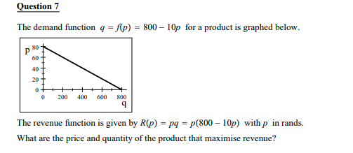 Question 7
The demand function q = fAp) = 800 – 10p for a product is graphed below.
80
60
40
20
200
400
600
800
The revenue function is given by R(p) = pq = p(800 – 10p) with p in rands.
What are the price and quantity of the product that maximise revenue?
