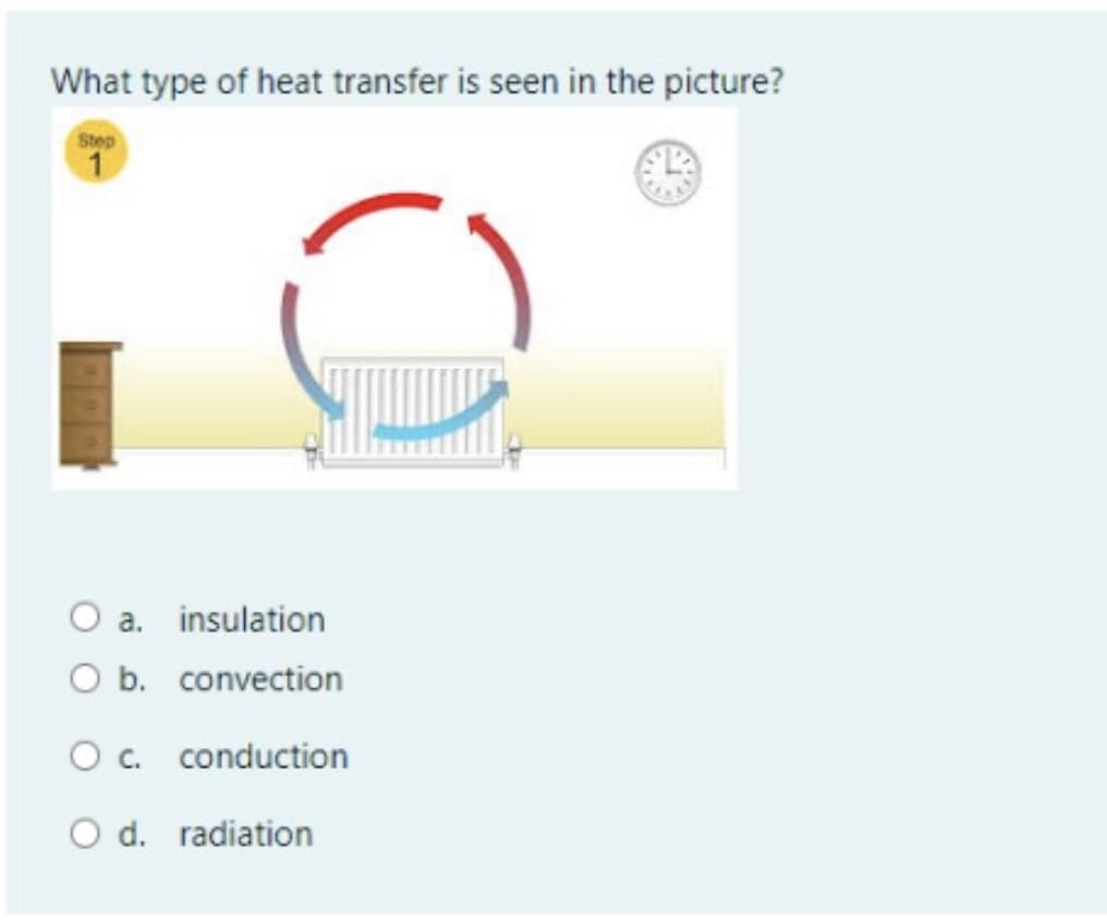 What type of heat transfer is seen in the picture?
Step
O a. insulation
O b. convection
Oc. conduction
O d. radiation

