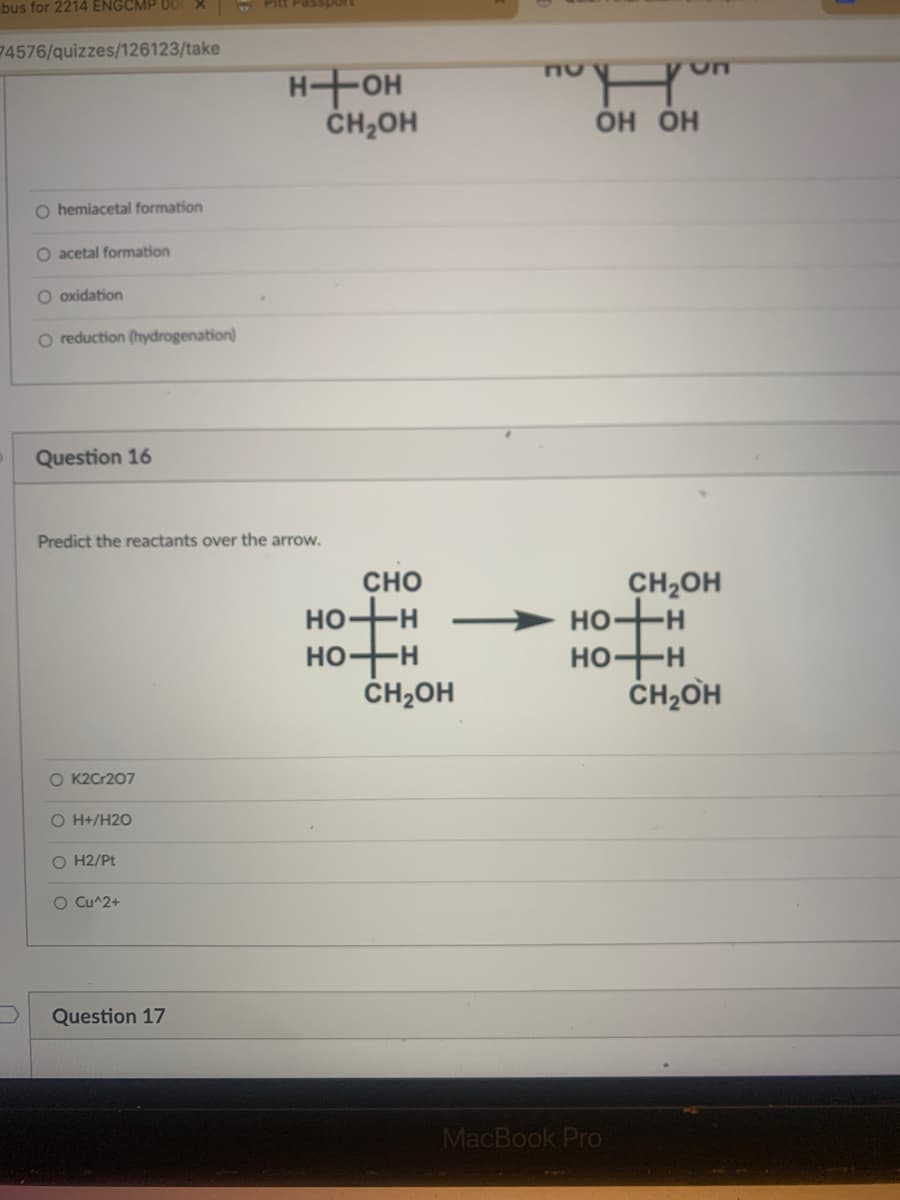 bus for 2214 ENGCMP U
74576/quizzes/126123/take
HFOH
ČH2OH
ОН ОН
O hemiacetal formation
O acetal formation
O oxidation
O reduction (hydrogenation)
Question 16
Predict the reactants over the arrow.
сно
HO-H
HO-H
ČH2OH
CH2OH
HO+H
HO-H
CH2OH
O K2Cr207
O H+/H2O
O H2/Pt
O Cu^2+
Question 17
MacBook Pro

