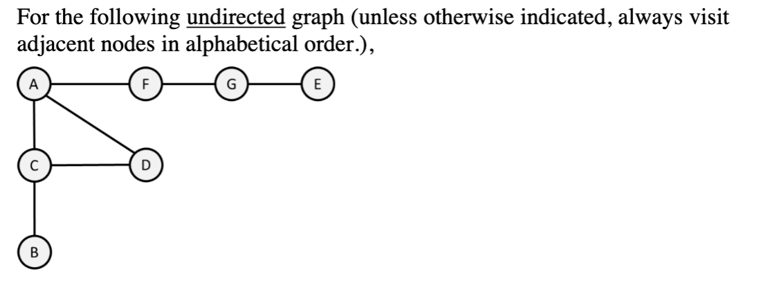 For the following undirected graph (unless otherwise indicated, always visit
adjacent nodes in alphabetical order.),
E
В
