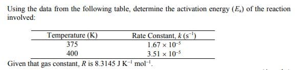 Using the data from the following table, determine the activation energy (E.) of the reaction
involved:
Temperature (K)
375
Rate Constant, k (s"')
1.67 x 10-5
400
3.51 x 10-5
Given that gas constant, R is 8.3145 JK-' mol-.
