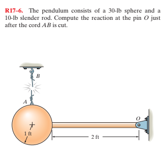 R17-6. The pendulum consists of a 30-lb sphere and a
10-lb slender rod. Compute the reaction at the pin O just
after the cord AB is cut.
1 ft
2 ft
