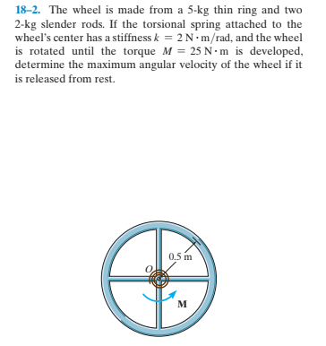 18-2. The wheel is made from a 5-kg thin ring and two
2-kg slender rods. If the torsional spring attached to the
wheel's center has a stiffness k = 2 N- m/rad, and the wheel
is rotated until the torque M = 25 N •m is developed,
determine the maximum angular velocity of the wheel if it
is released from rest.
0.5 m
м
