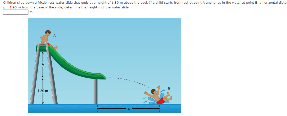 Children slide down a frictionless water slide that ends at a height of 1.80 m above the pool. If a child starts from rest at point A and lands in the water at point B, a horizontal distar
L = 1.90 m from the base of the slide, determine the height h of the water slide.
A
h
B
1.80 m
