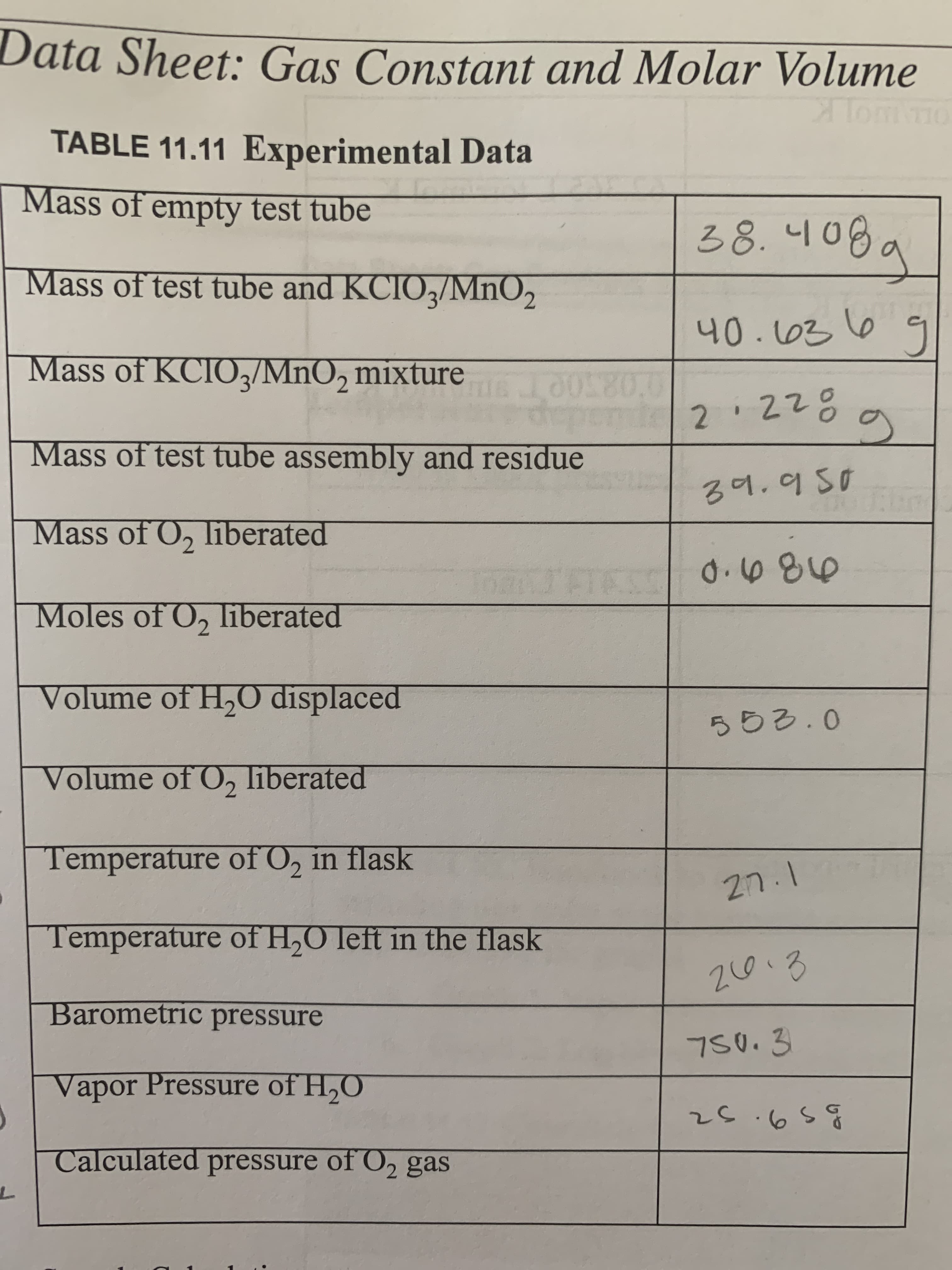 Data Sheet: Gas Constant and Molar Volume
TABLE 11.11 Experimental Data
OLL O K
Mass of empty test tube
Mass of test tube and KCIO3/MnO2
の
2の0h
Mass of KCIO3/MnO, mixture 0080.0
19
39.950
2.
Mass of test tube assembly and residue
Mass of O, liberated
のるのD
Moles of O, liberated
Volume of H,O displaced
Volume of O, liberated
Temperature of O, in flask
Temperature of H,O left in the flask
2,の2
Barometric pressure
750.3
Vapor Pressure of H,O
Calculated pressure of O2 gas
