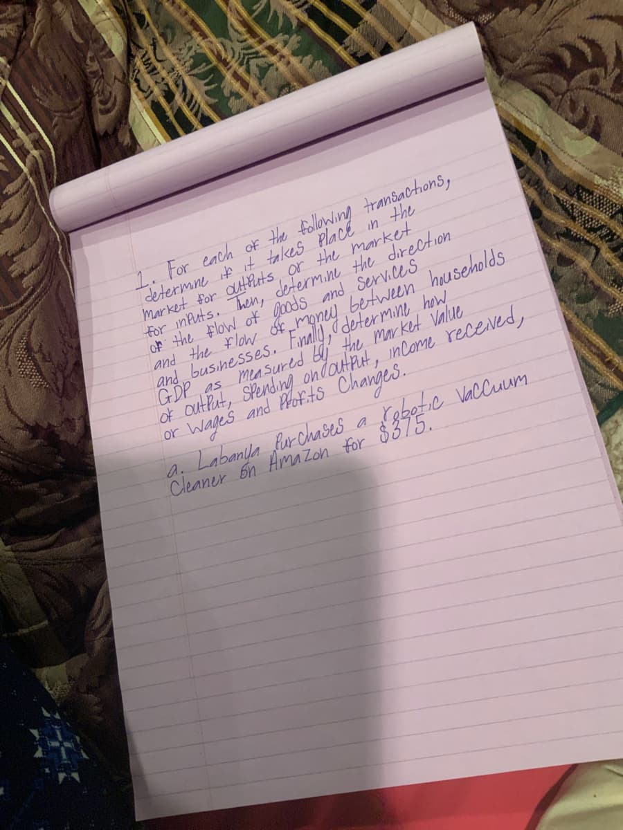 1. For each of the following transactions,
determne ik it takes Place in the
Market for aHPuts, or the market
tor inPuts. Then, determ.ne the direction
oF the Flow of goods and Services
and the Flow of_money between households
and businesses. Einalliy, I deter mine how
GDP as meaSured b the market Value
of outRat, SPending ondatRt, inCome receved,
or Wayeś and Plofits Changes.
a. Labanila fur chases a rebotic VacCuum
Cleaner bn Ama Zon for $375.
